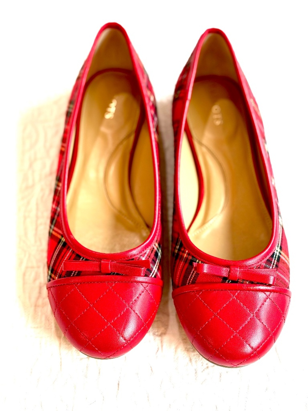 Talbots Blair Cap Toe Ballet Flat in Red Multi Plaid w/Quilted Leather Toe & Bow